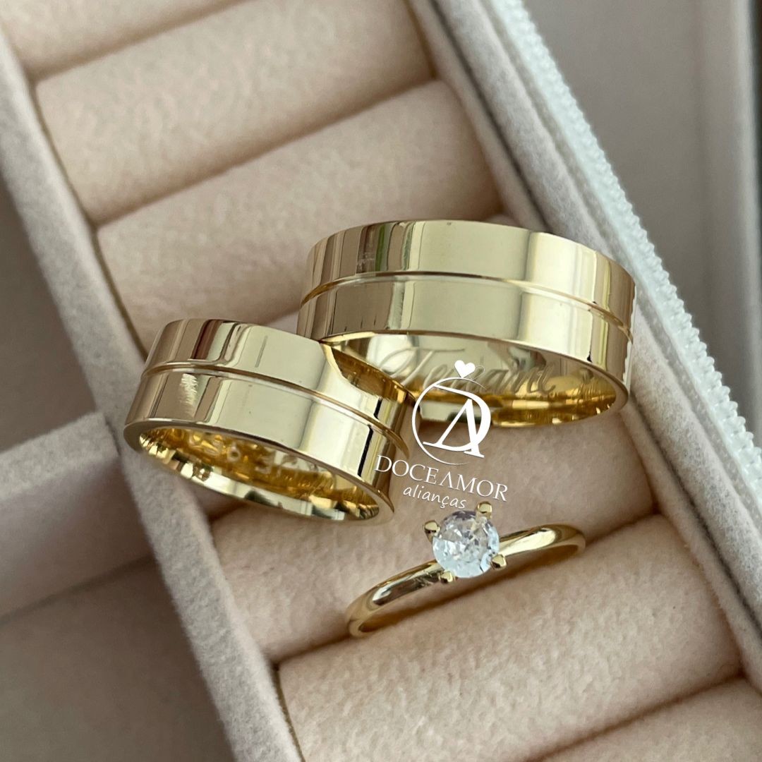 Par de Alianças em Prata 950 com Banho de Ouro 18k Modelo: DA-059 - Solitário Tradicional