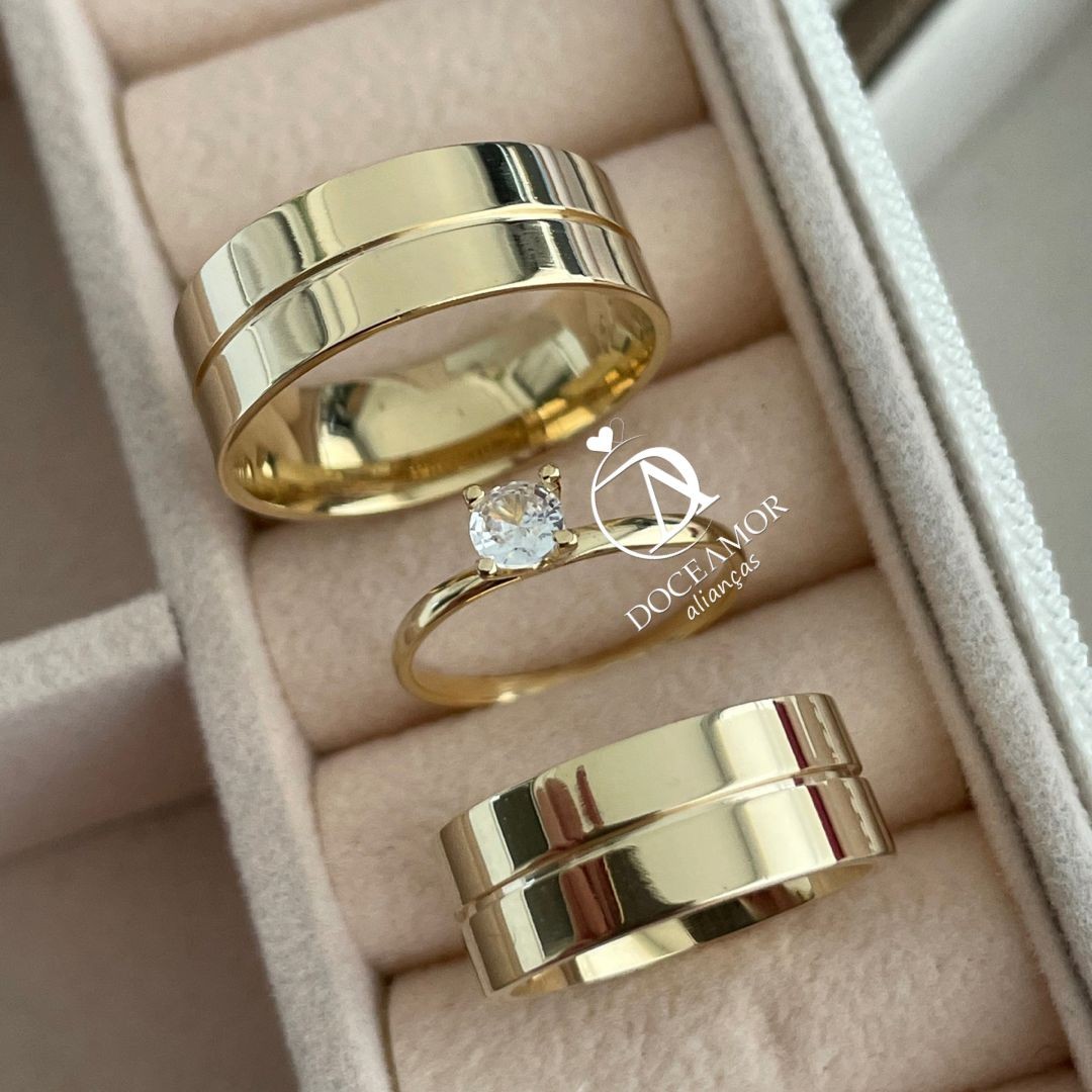 Par de Alianças em Prata 950 com Banho de Ouro 18k Modelo: DA-059 - Solitário Tradicional