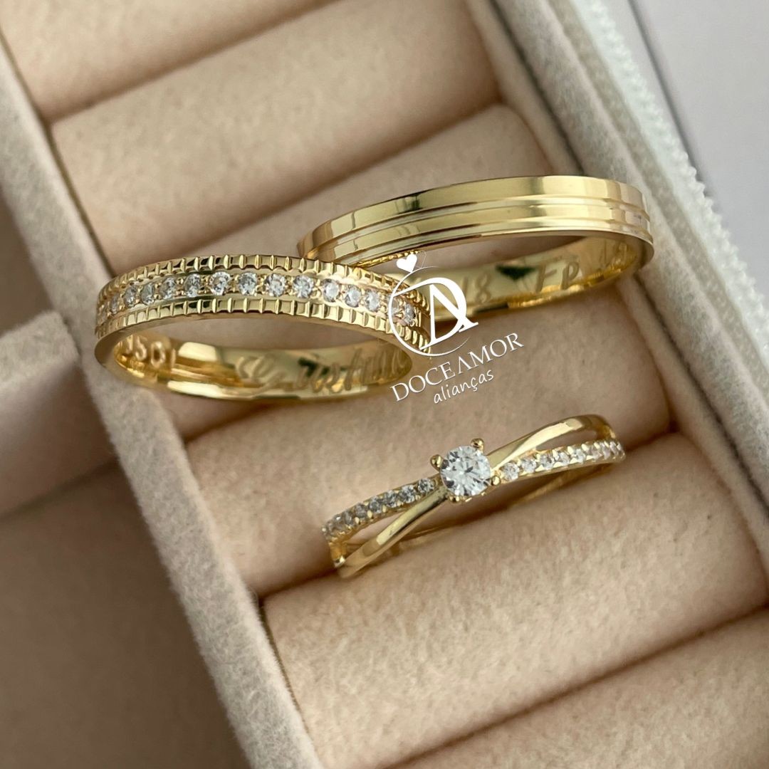 Par de Alianças em Prata 950  Com Banho de Oro 18K -3mm Modelo: DA-090- Solitário Princes