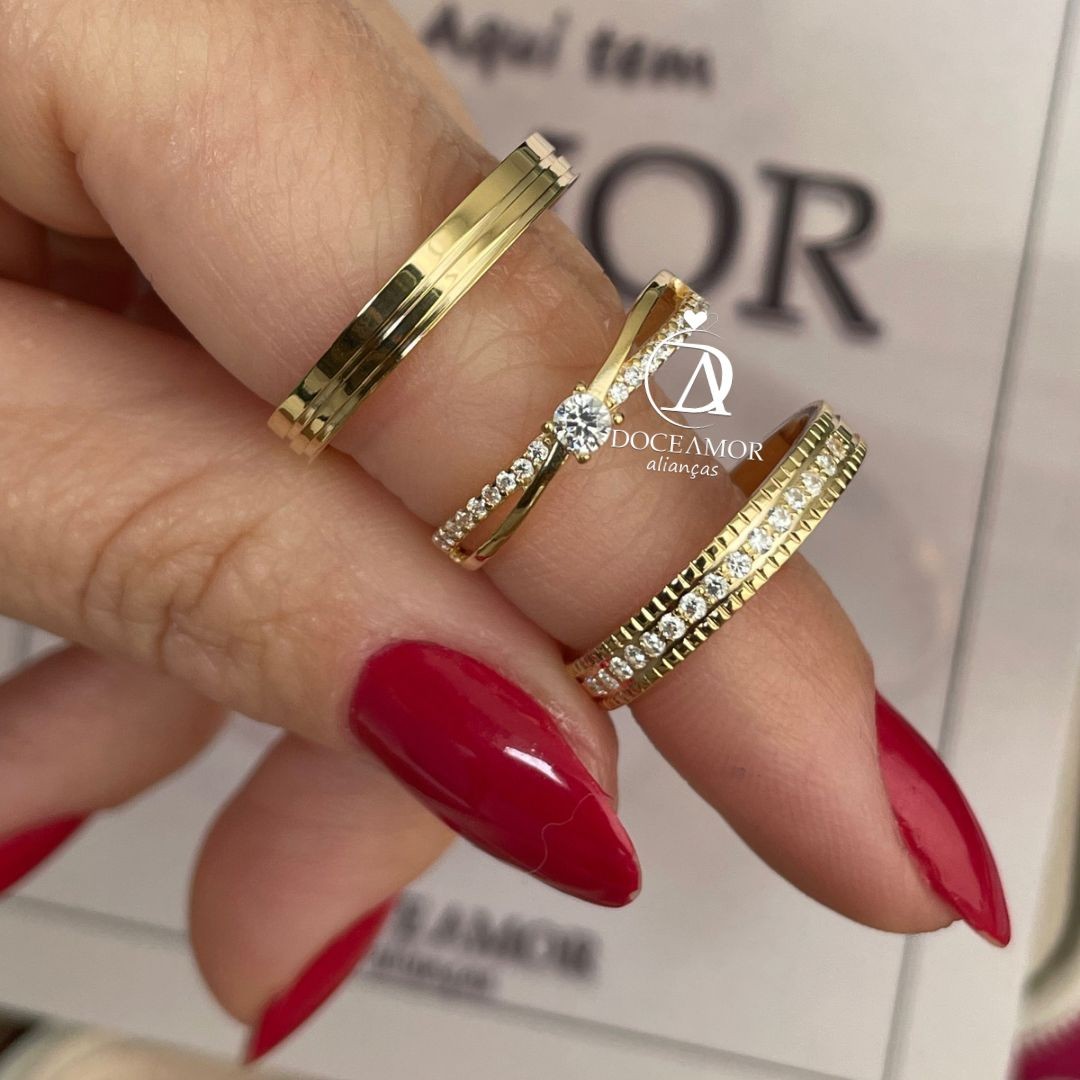 Par de Alianças em Prata 950  Com Banho de Oro 18K -3mm Modelo: DA-090- Solitário Princes