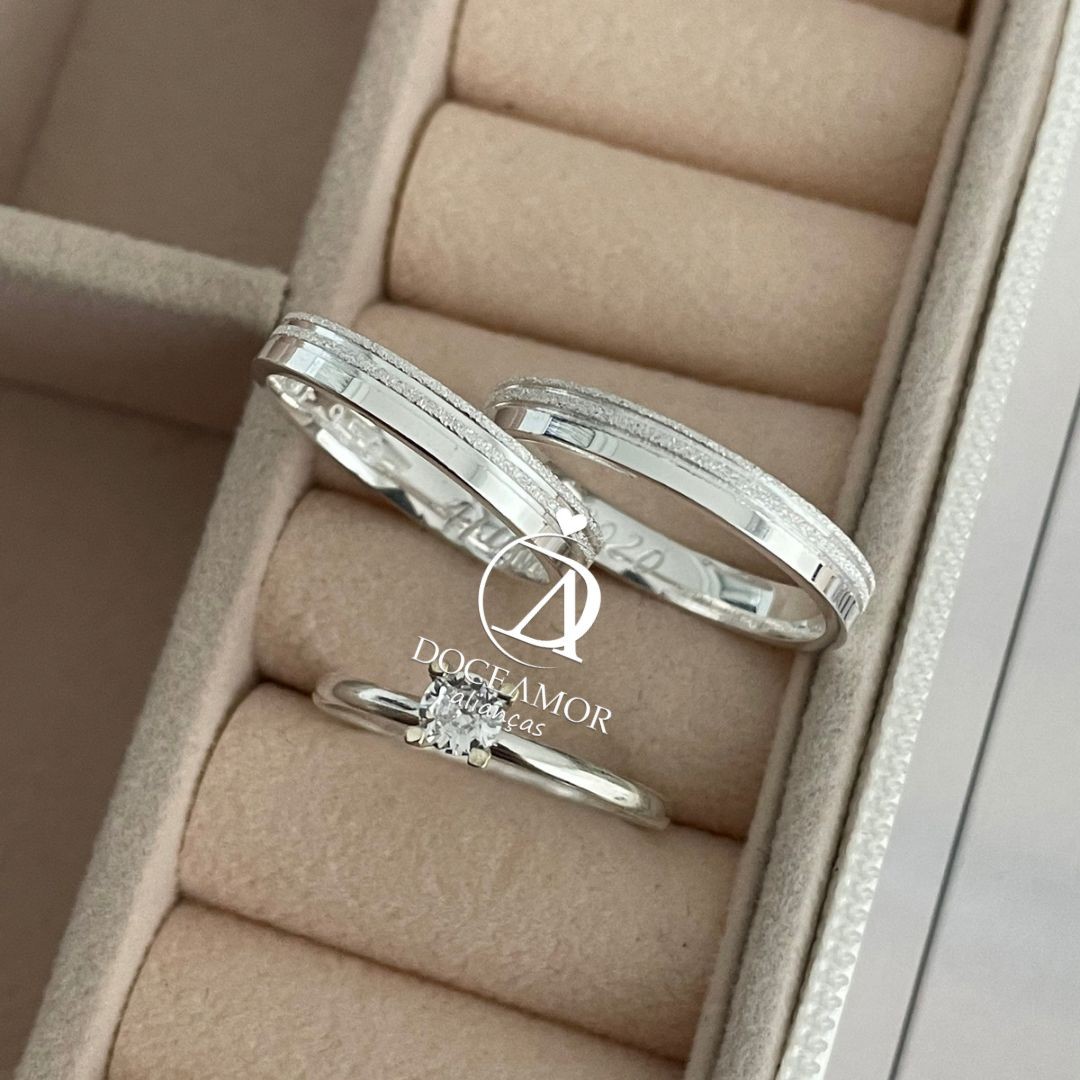 Par de Alianças em Prata 950 - 3mm  Modelo: DA-039-2  Solitário Tradicional