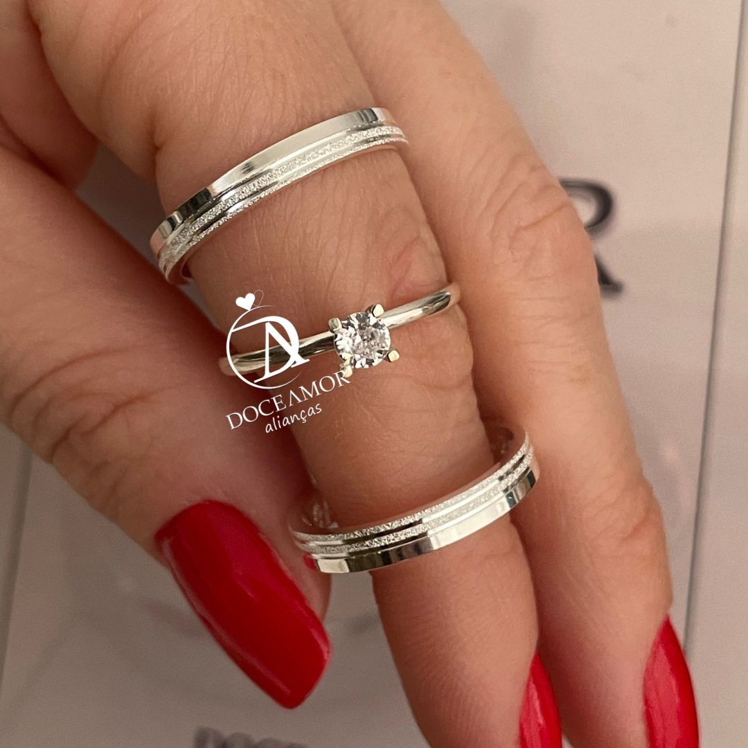 Par de Alianças em Prata 950 - 3mm  Modelo: DA-039-2  Solitário Tradicional