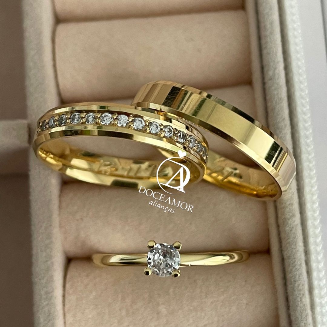 Par de Alianças em Prata 950 com Banho de Ouro 18K - 3mm Modelo: DA-024-3 -Solitário Tradicional