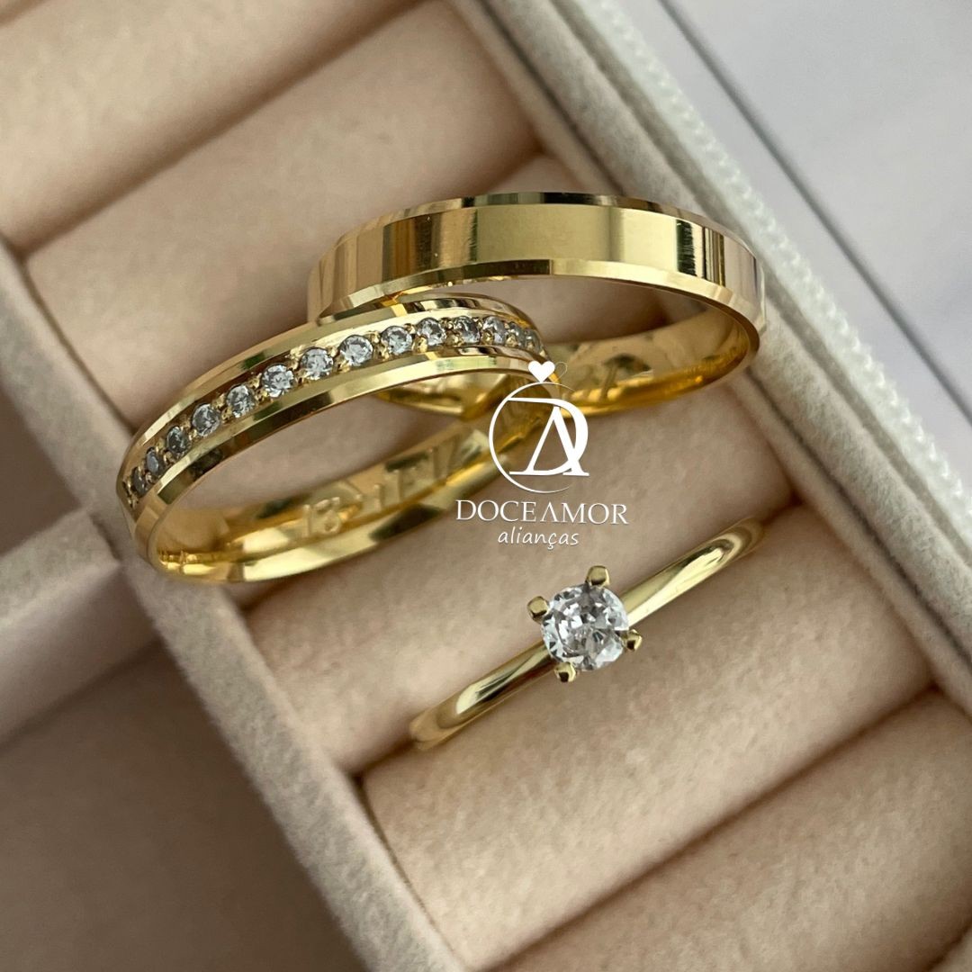 Par de Alianças em Prata 950 com Banho de Ouro 18K - 3mm Modelo: DA-024-3 -Solitário Tradicional