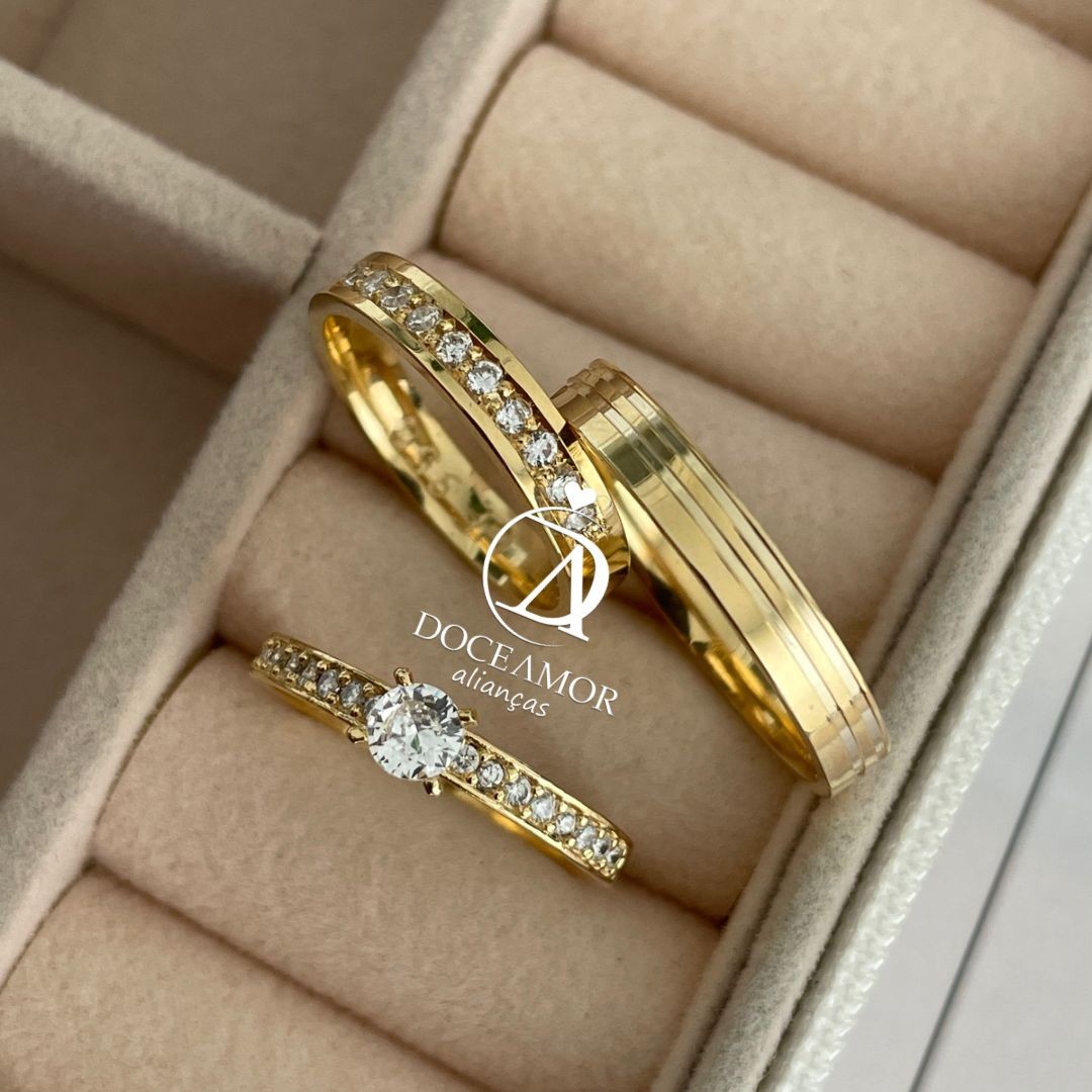 Par de Alianças em Prata 950  Com Banho de Oro 18K -3mm Modelo: DA-090-1 Solitário Ellegance 