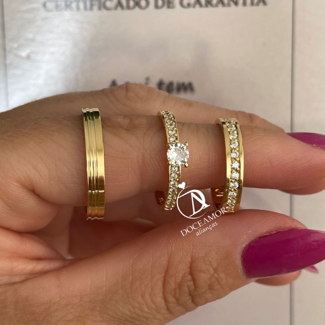 Par de Alianças em Prata 950  Com Banho de Oro 18K -3mm Modelo: DA-090-1 Solitário Ellegance 