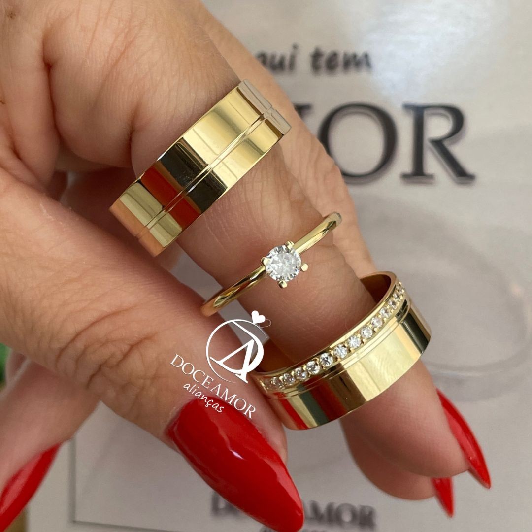 Par de Alianças em Prata 950 - 8mm Banho Ouro 18K Modelo: DA-034  Solitário Tradicional