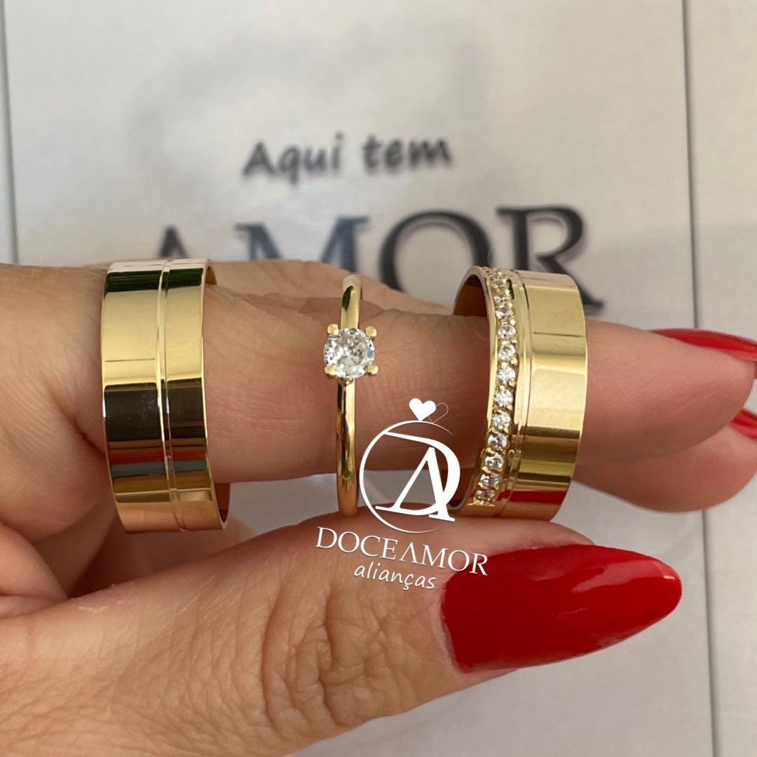 Par de Alianças em Prata 950 - 8mm Banho Ouro 18K Modelo: DA-034  Solitário Tradicional