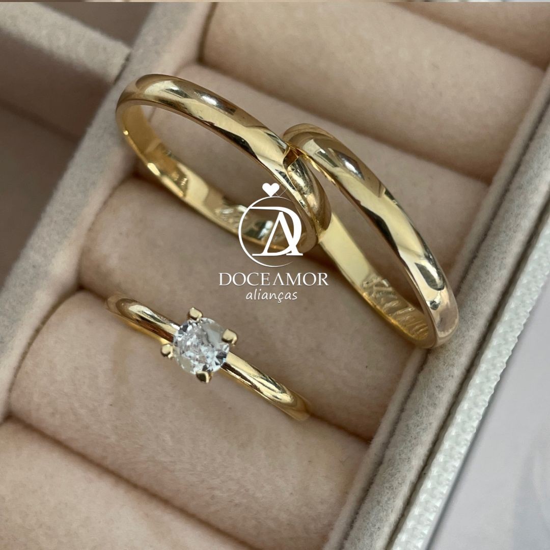 Par de Alianças em Prata 950  Banho Ouro 18K  - 2mm   Modelo: DA-016-1  Solitário Tradicional