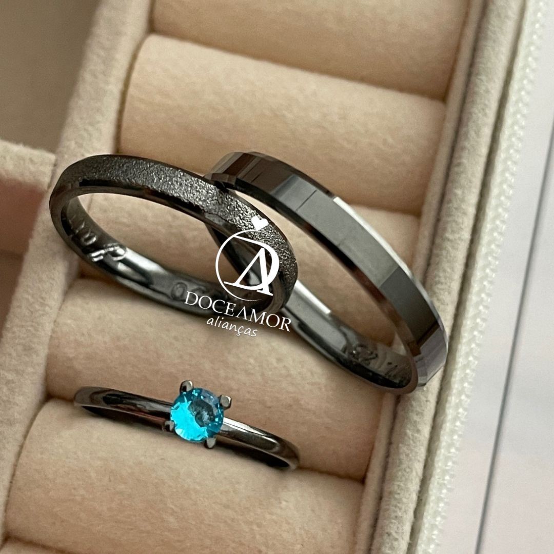 Par de Alianças em Prata 950  Banho  Ródio Negro - 3mm   Modelo: DA-021-2  Solitário Tradicional