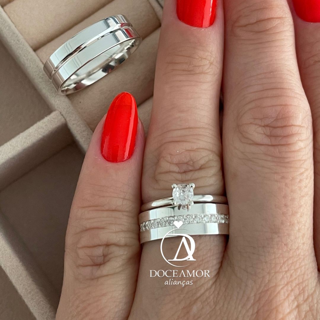 Par de Alianças em Prata 950  6mm   Modelo: DA-015-2  Solitário Tradicional