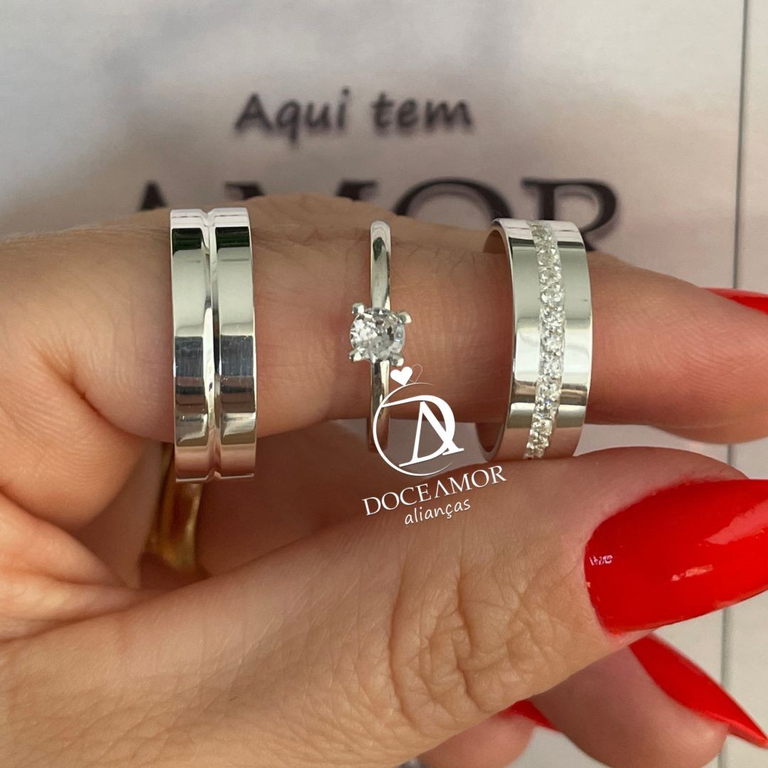 Par de Alianças em Prata 950  6mm   Modelo: DA-015-2  Solitário Tradicional