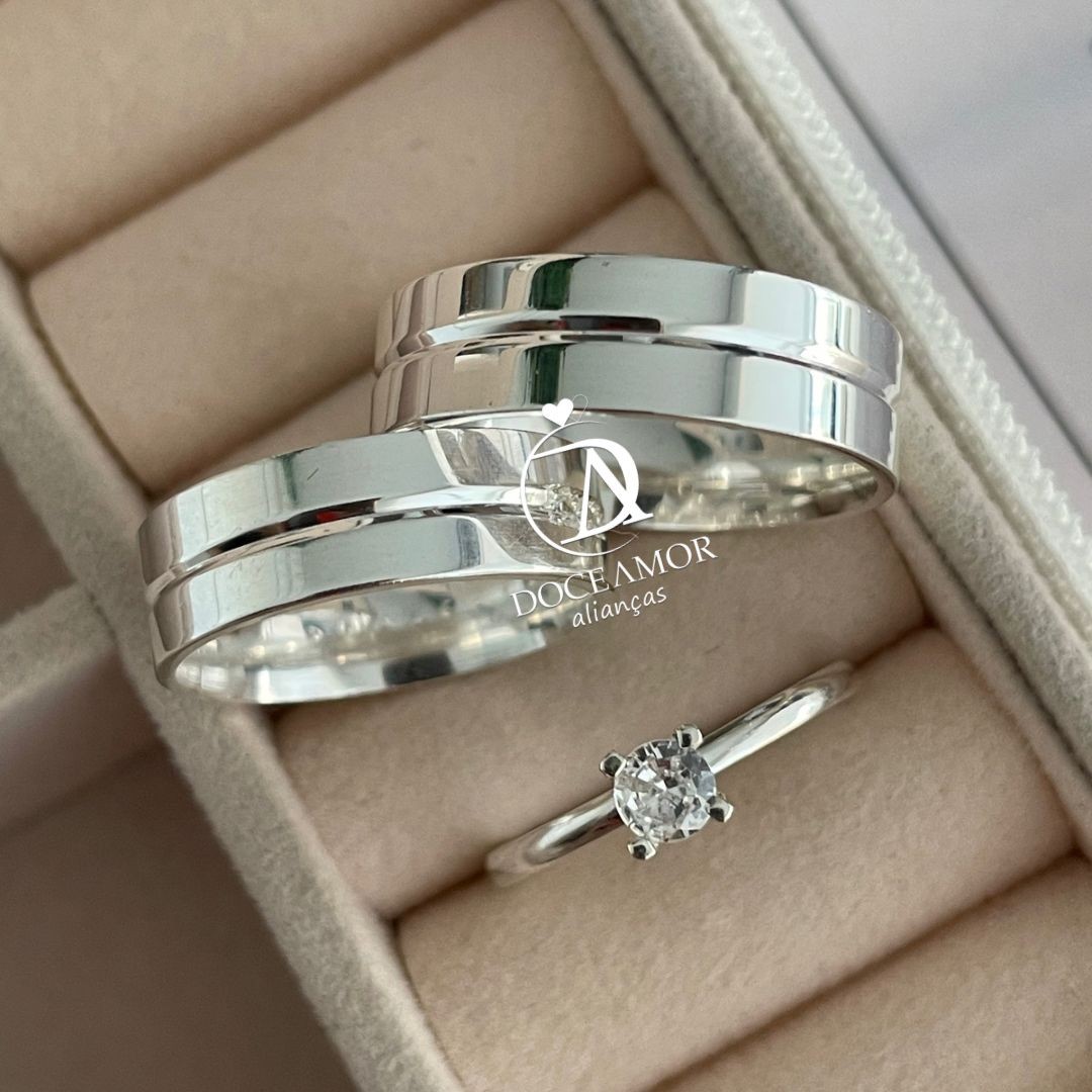 Par de Alianças em Prata 950  6mm  Modelo: DA-015-4  Solitário Tradicional