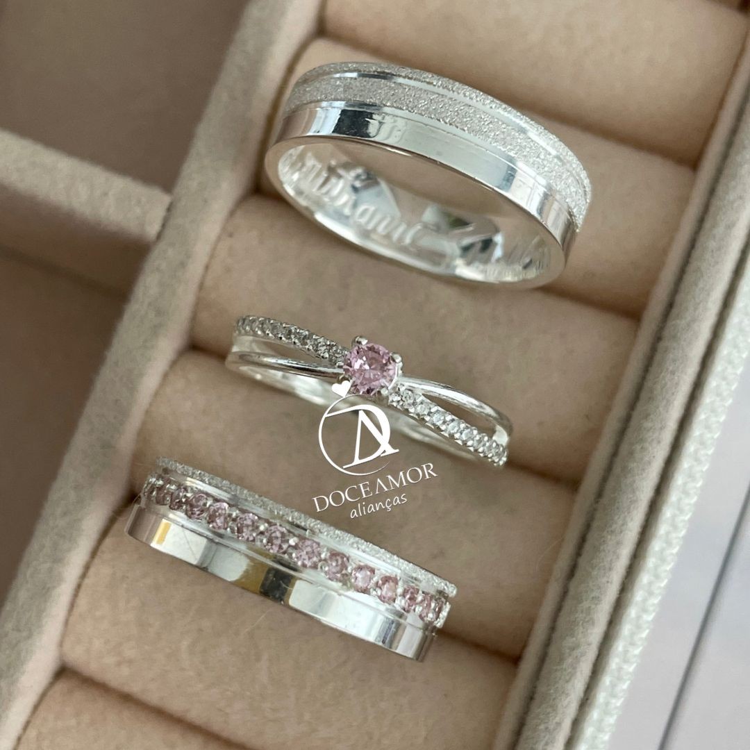 Par de Alianças em Prata 950 5mm  Modelo: DA-300 Solitário Princess