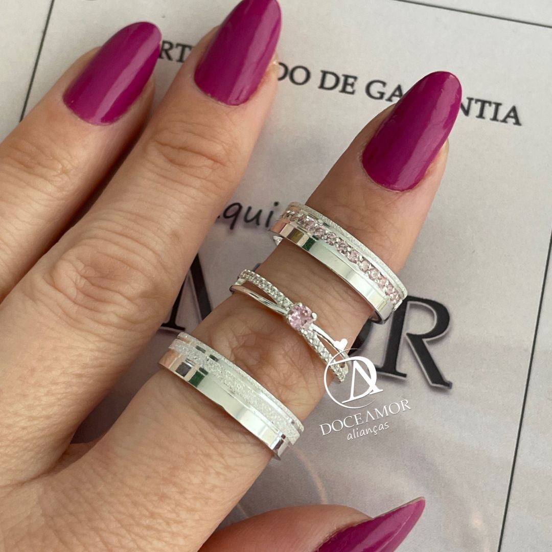 Par de Alianças em Prata 950 5mm  Modelo: DA-300 Solitário Princess