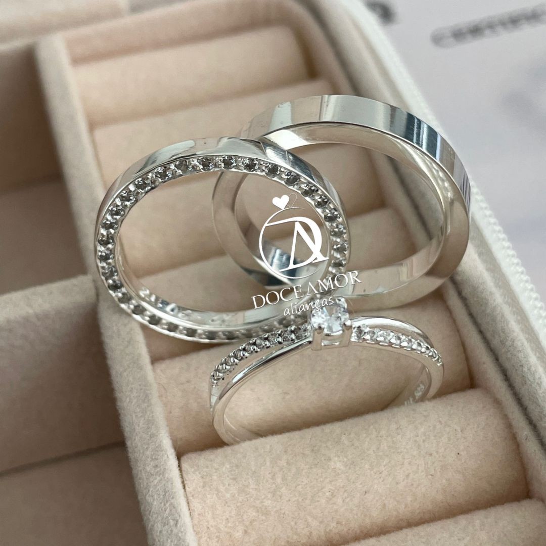 Par de Alianças em Prata 950 4mm  e 2mm Modelo: DA-014-3 Solitário Princes