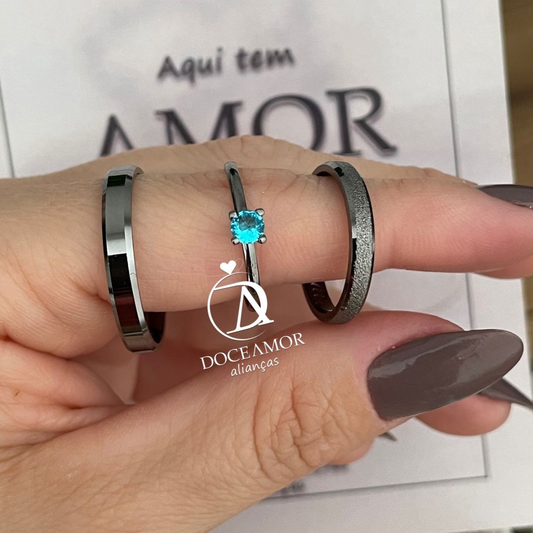 Par de Alianças em Prata 950  Banho  Ródio Negro - 3mm   Modelo: DA-021-2  Solitário Tradicional