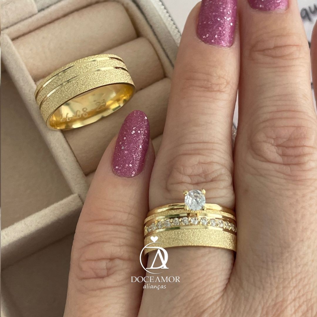 Par de Alianças em Prata 950  com Banho de Ouro 18K- 7mm Modelo: DA-052  Solitário Tradicional 