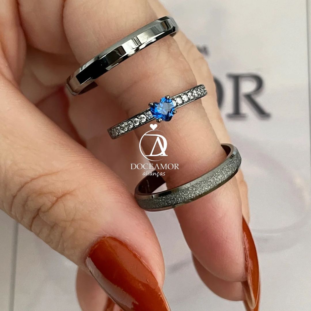 Par de Alianças em Prata 950 Banho  Ródio Negro - 3mm  Modelo: DA-021-6 Solitário Ellegance