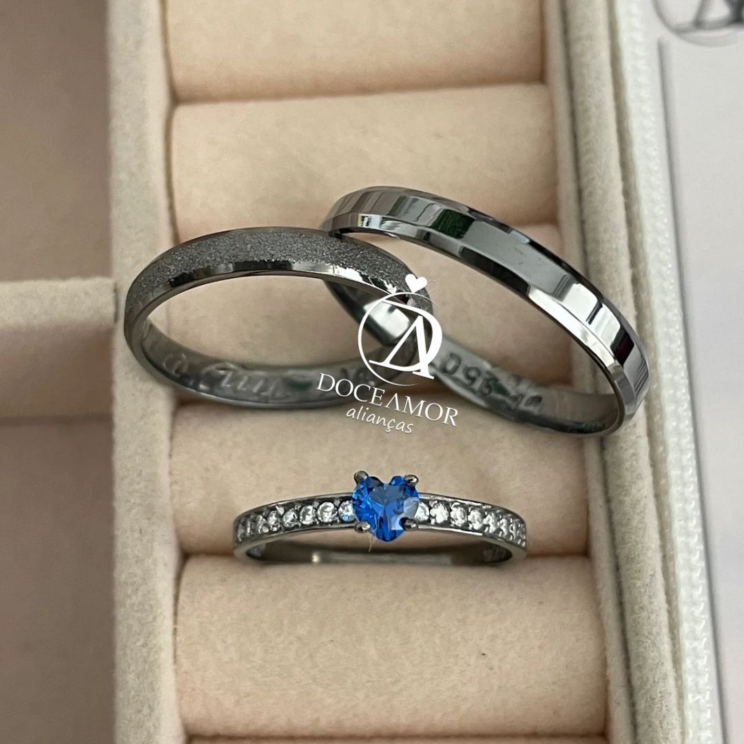 Par de Alianças em Prata 950 Banho  Ródio Negro - 3mm  Modelo: DA-021-6 Solitário Ellegance