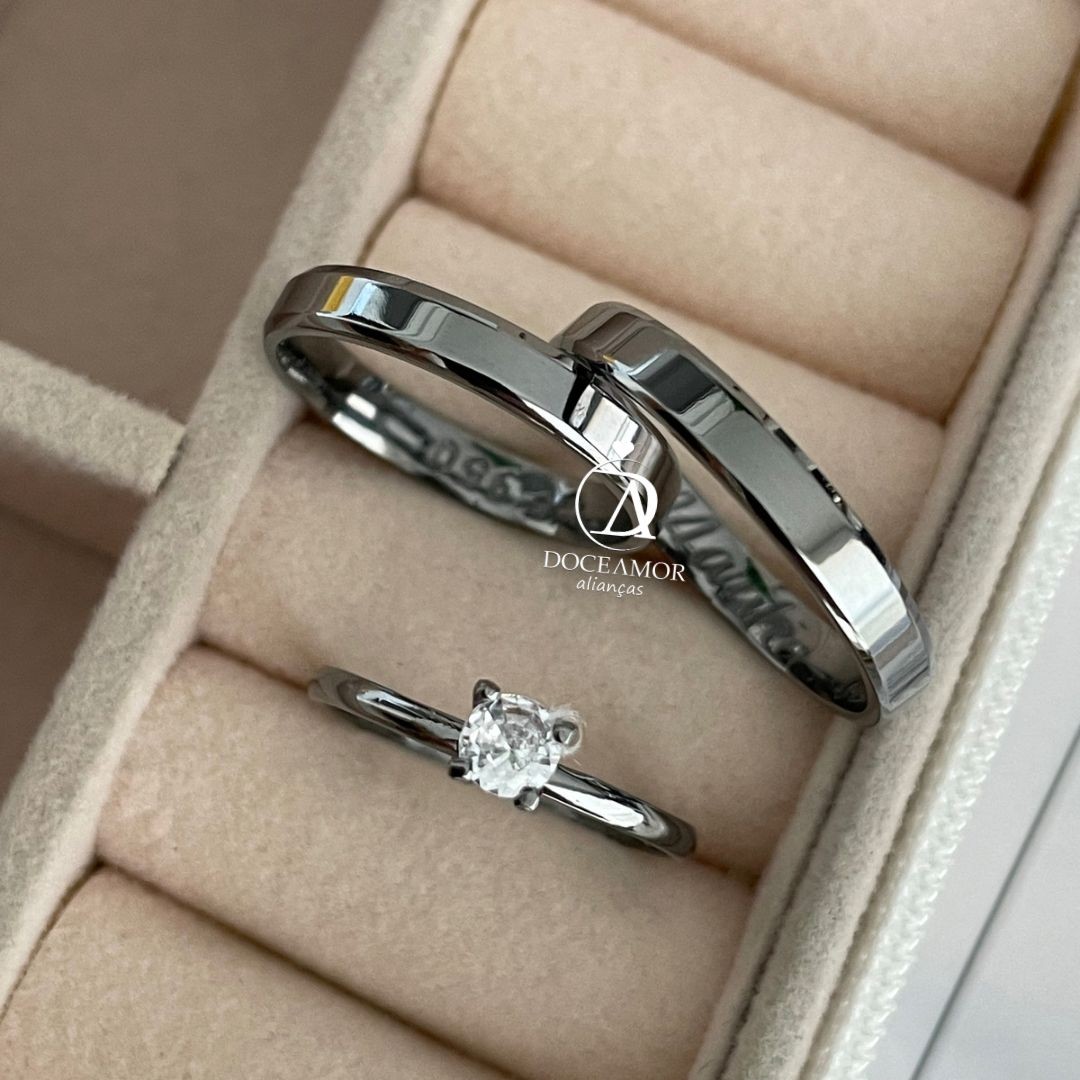Par de Alianças em Prata 950 Banho  Ródio Negro - 3mm Modelo: DA-021-5 Solitário Tradicional