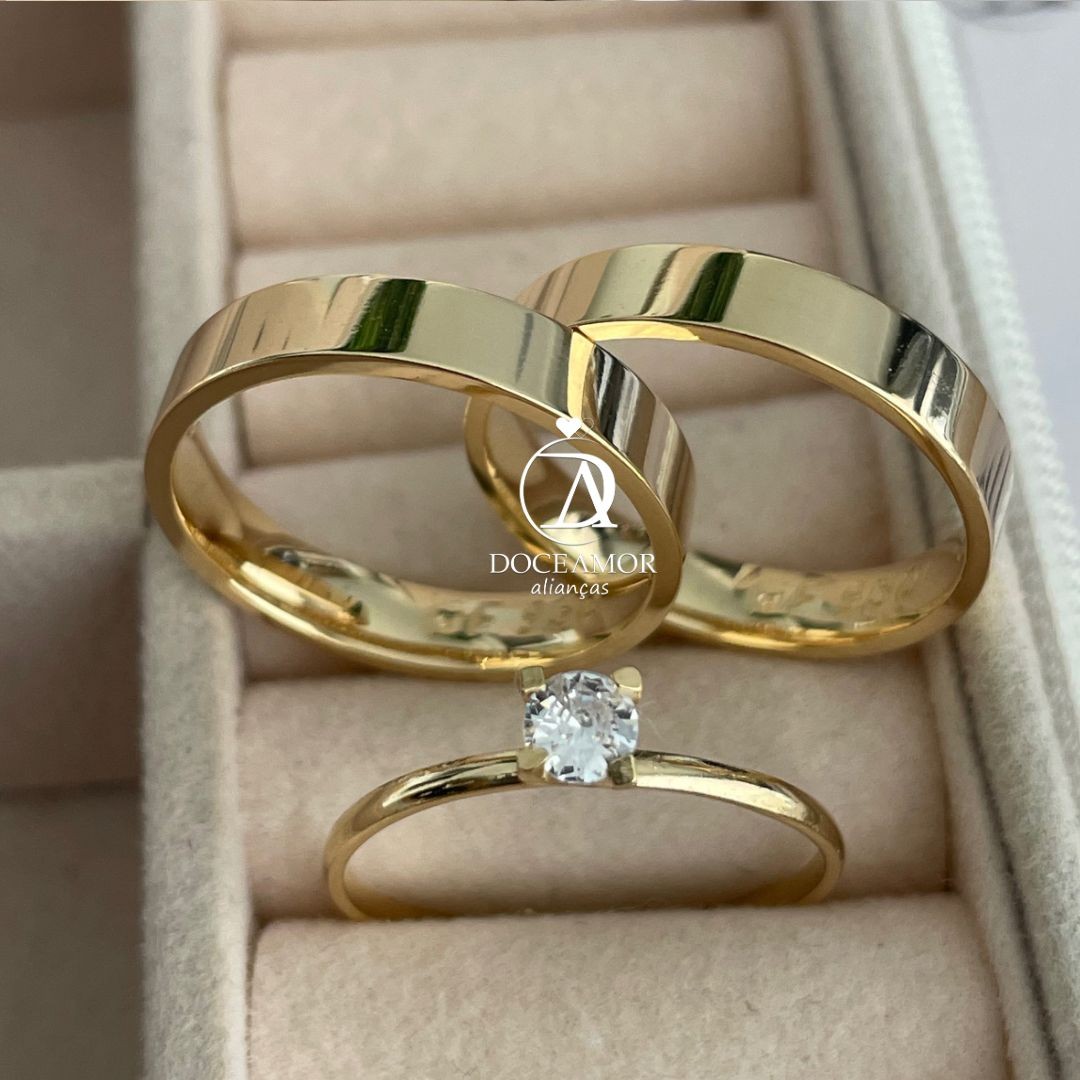 Par de Alianças em Prata 950  Banho Ouro 18K  5mm Modelo: DA-027  Solitário Tradicional