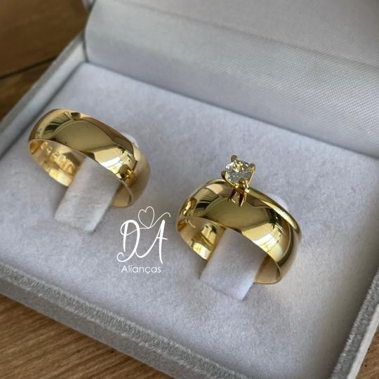 Par de Alianças em Prata 950  Banho Ouro 18K  - 6mm   Modelo: DA-016  Solitário Tradicional