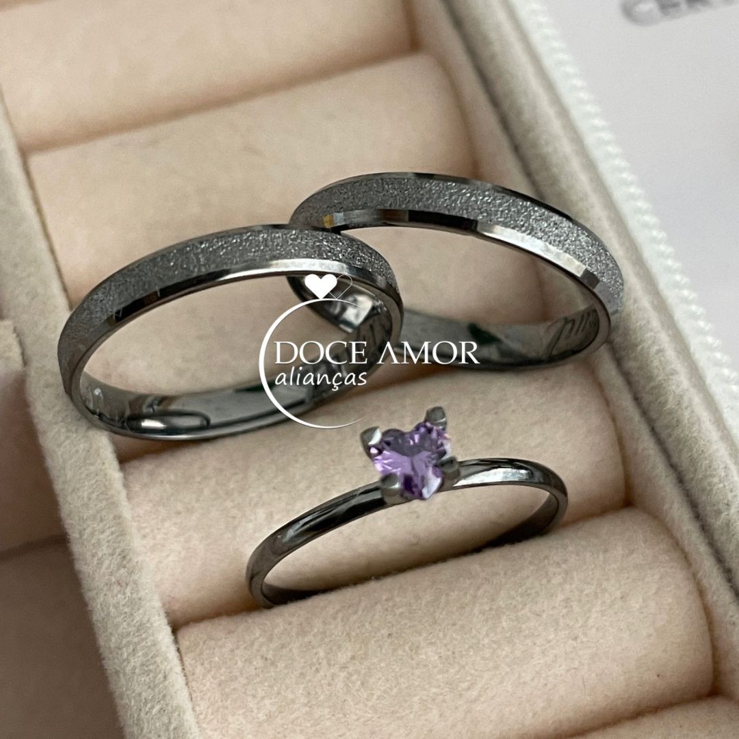 Par de Alianças em Prata 950 Banho  Ródio Negro - 3mm  Modelo: DA-021 Solitário Tradicional