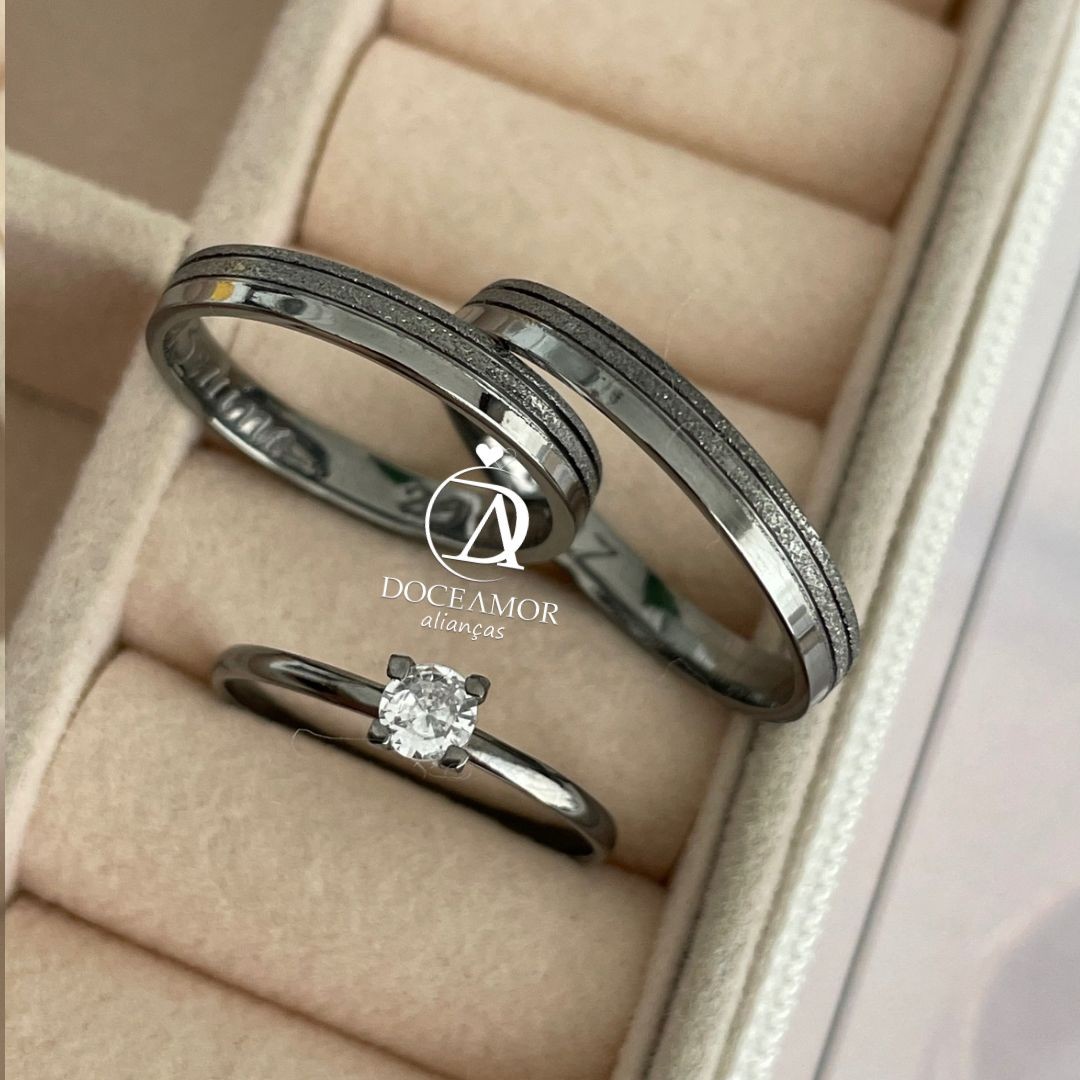 Par de Alianças em Prata 950  Banho  Ródio Negro - 3mm  Modelo: DA-018-1 Solitário Tradicional