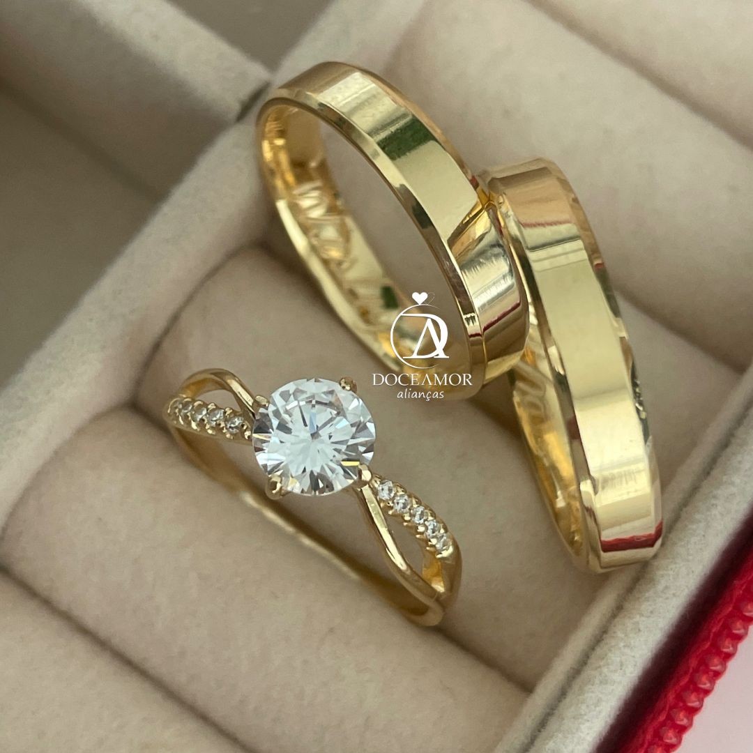 Par de Alianças em Prata 950 com Banho de Ouro 18K  4mm Modelo: DA-024-10 Solitário Princess 