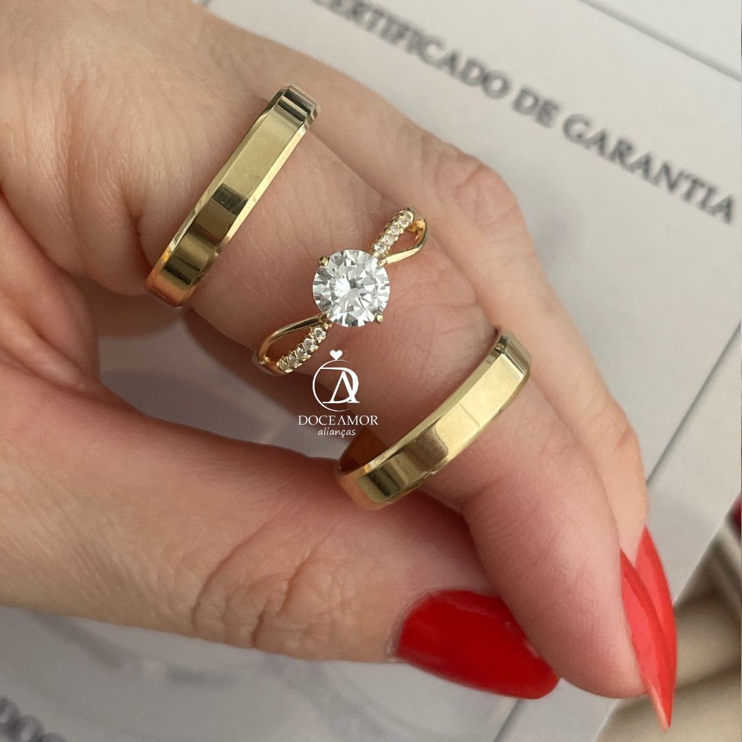 Par de Alianças em Prata 950 com Banho de Ouro 18K  4mm Modelo: DA-024-10 Solitário Princess 