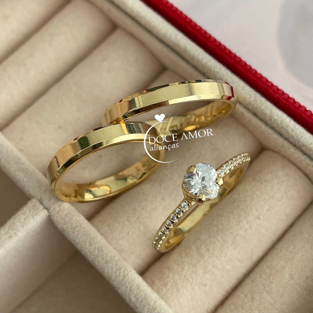 Par de Alianças em Prata 950 com Banho de Ouro 18K  3mm Modelo: DA-024-11 Solitário Bela