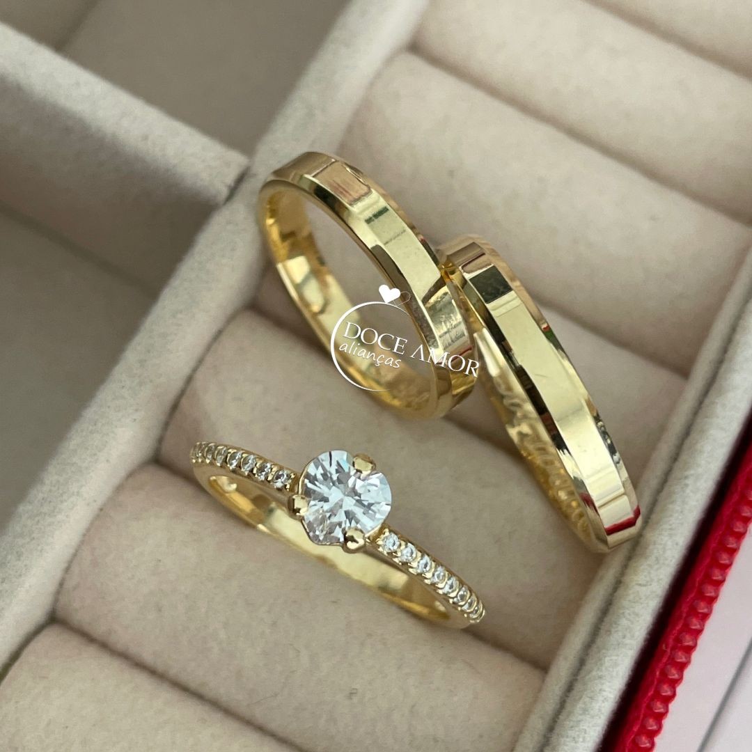 Par de Alianças em Prata 950 com Banho de Ouro 18K  3mm Modelo: DA-024-11 Solitário Bela