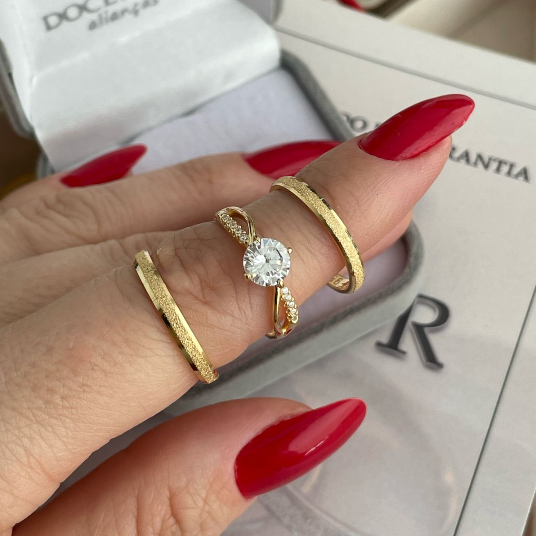 Par de Alianças em Prata 950 Banho de Ouro 18K  Modelo: DA-044-3- Solitário Princes