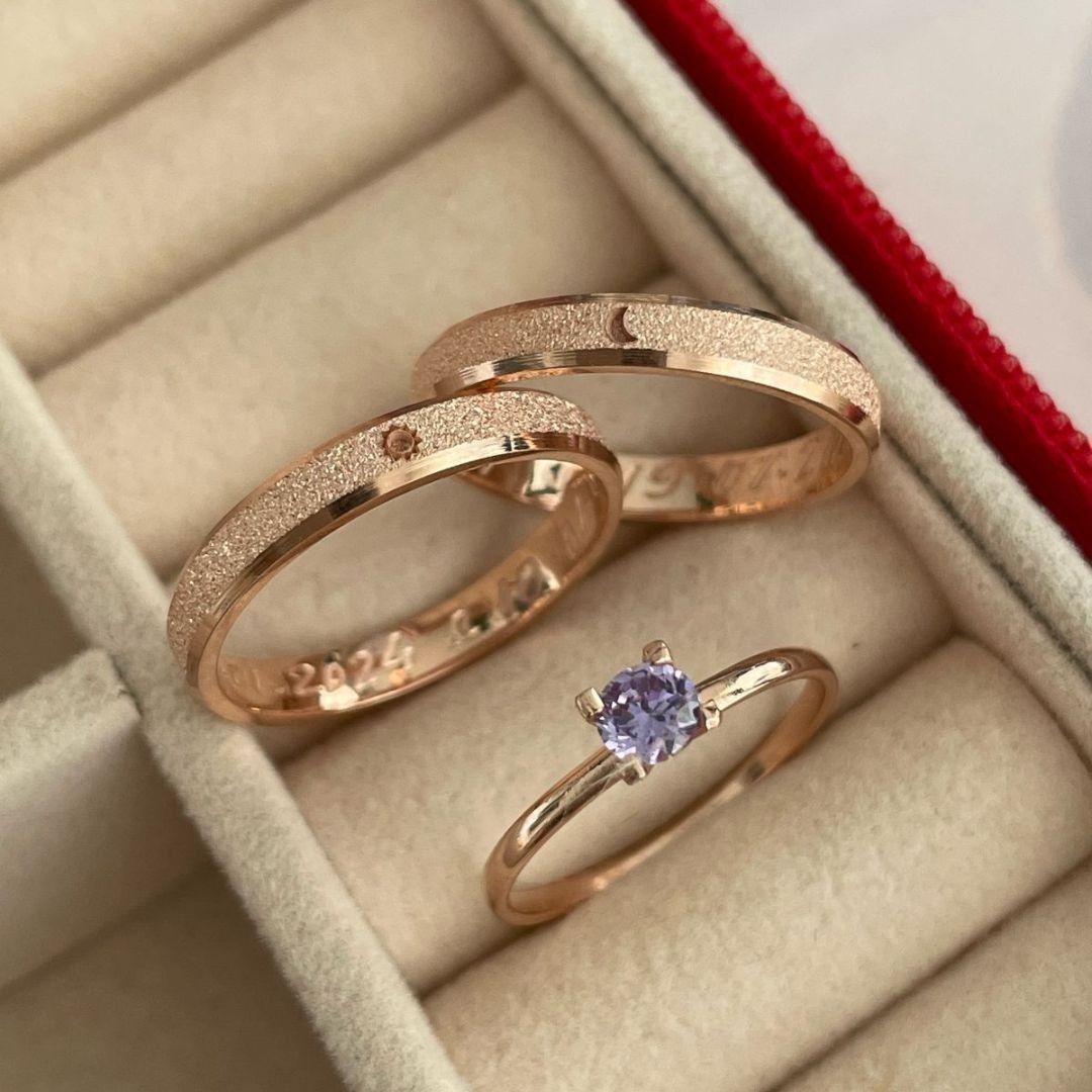 Alianças em Prata 950 - 3mm -  Sol e Lua Com Banho de Ouro Rose -  Solitário Tradicional