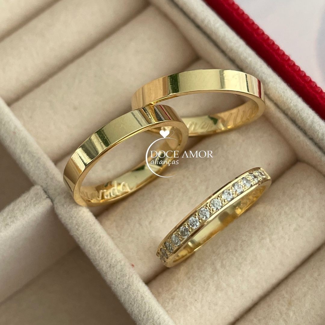 Par de Alianças em Prata 950 - Banho Ouro 18K  3mm Modelo: DA-027-12 Anel Cravejado 
