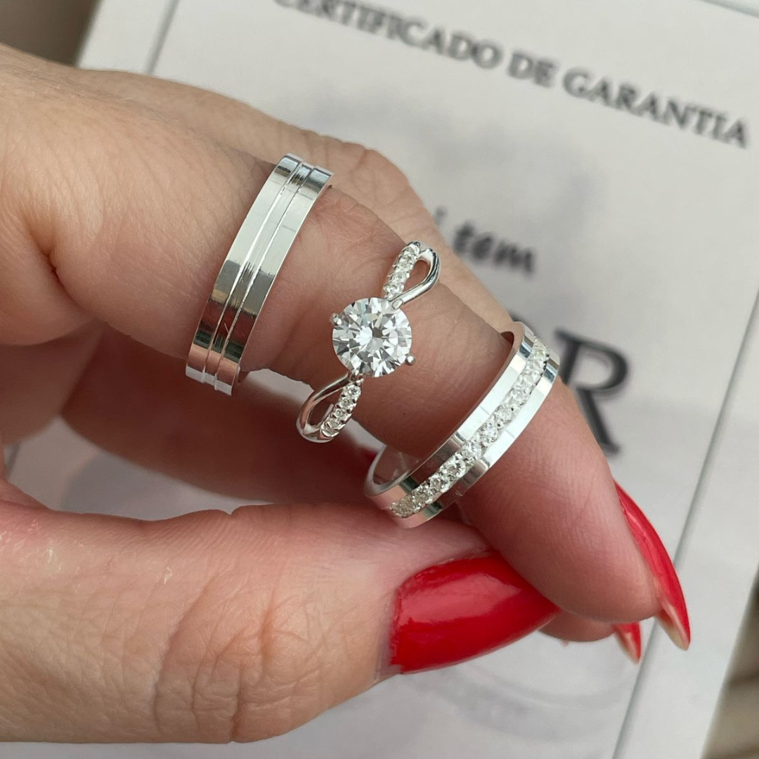 Par de Alianças em Prata 950  4mm   Modelo: DA-015  Solitário Princes