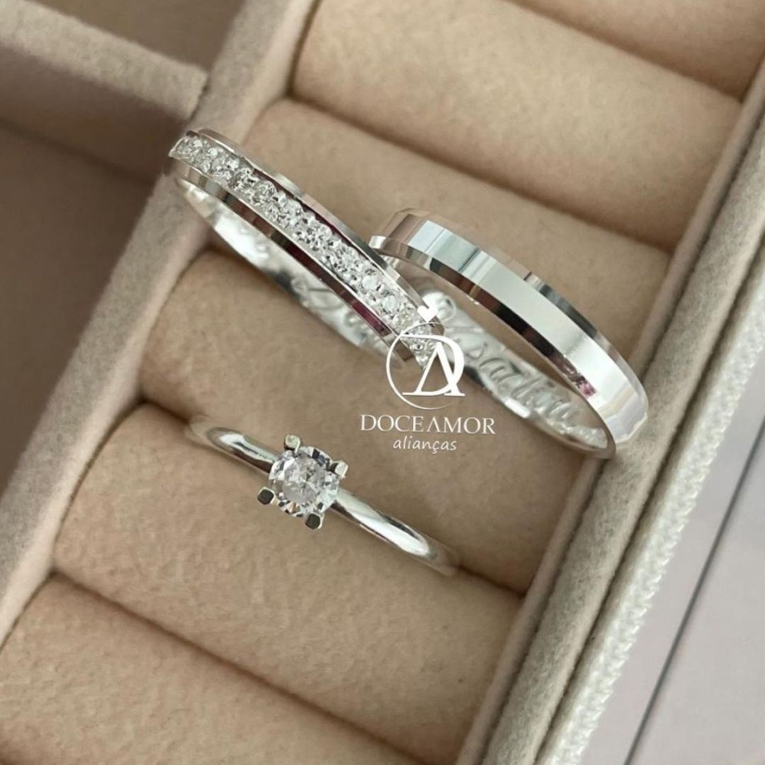 Alianças em Prata 950 - Lume - 3mm com pedras -  Solitário Tradicional de Brinde 