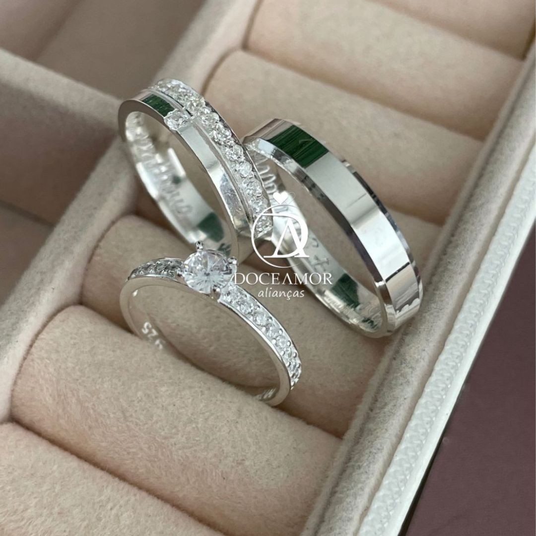 Alianças em Prata 950 - Lume - 4mm - com pedras - Solitário Elegance
