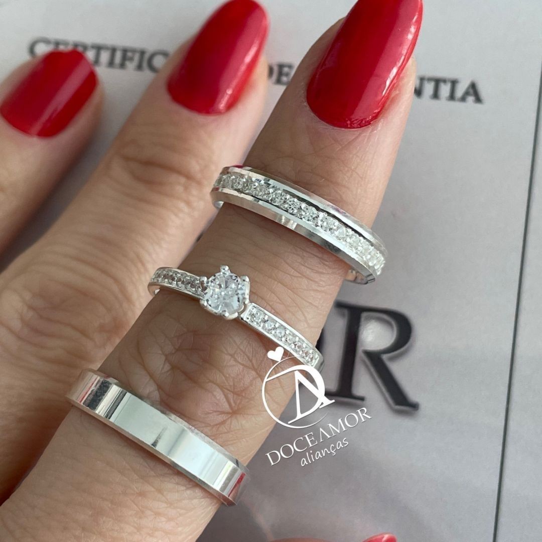 Alianças em Prata 950 - Lume - 4mm - com pedras - Solitário Elegance