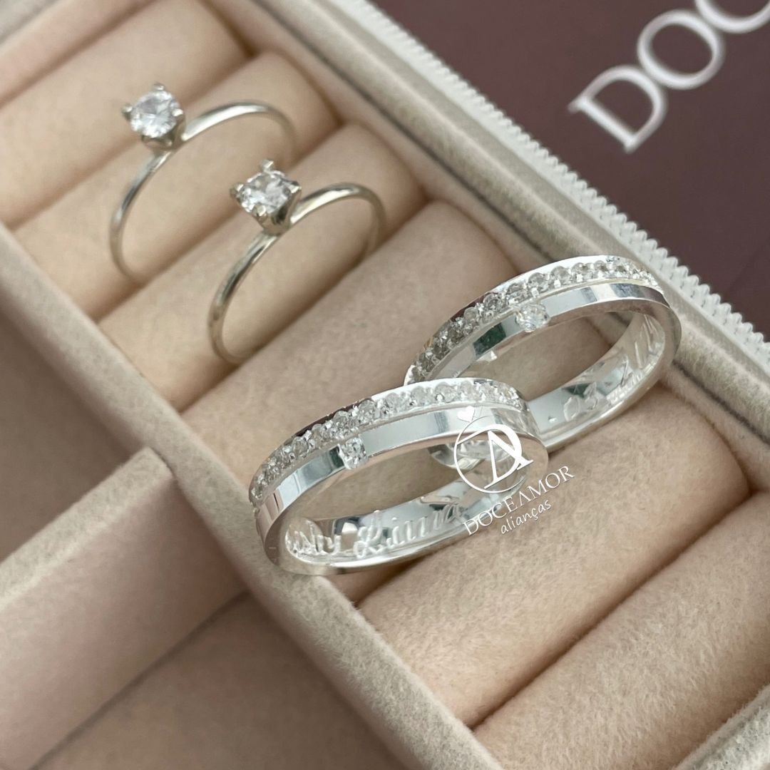 Alianças em Prata 950 - Lume - 4mm - com pedras - Solitário Tradicional 