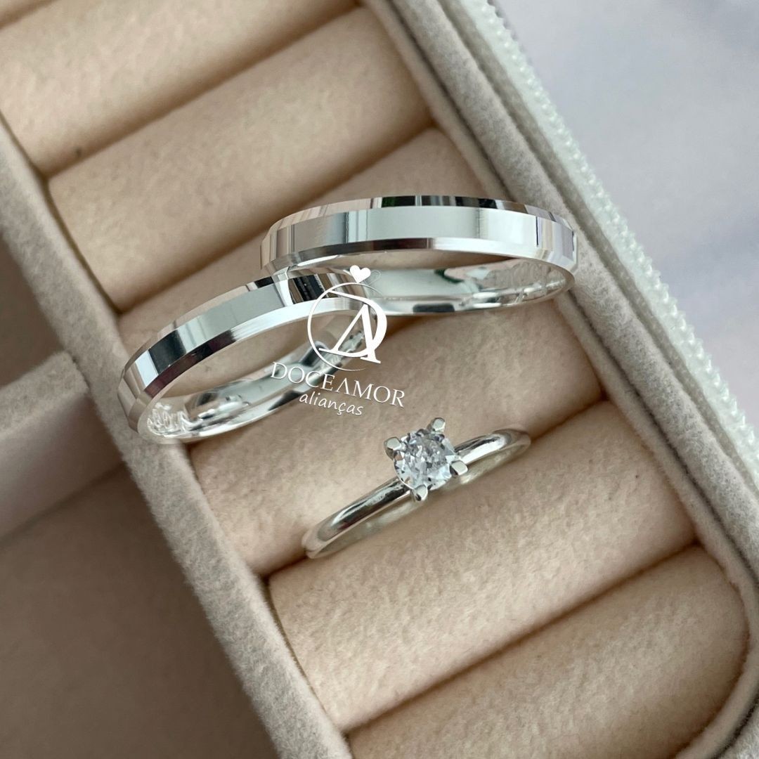 Alianças em Prata 950 - Lume - 4mm - Solitário Tradicional