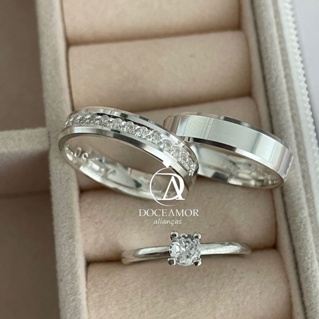 Alianças em Prata 950 - Lume - 4mm - com pedras - Solitário Tradicional