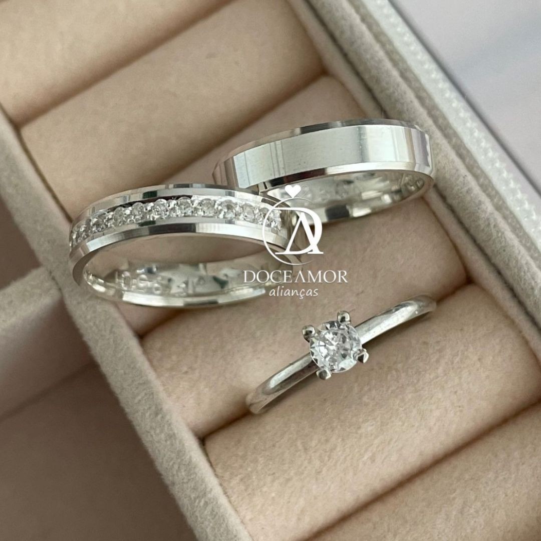 Alianças em Prata 950 - Lume - 4mm - com pedras - Solitário Tradicional