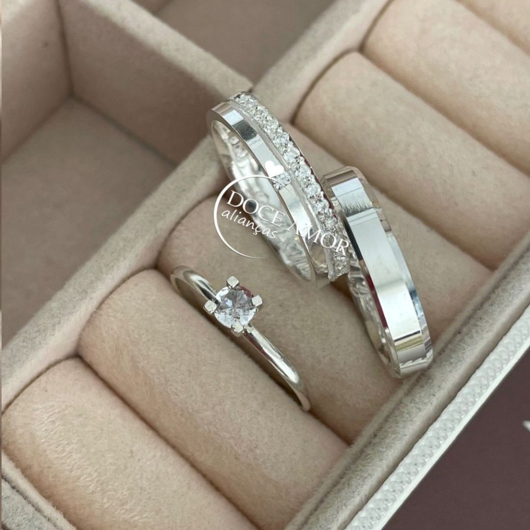 Alianças em Prata 950 - Lume - 4mm - com pedras - Solitário Tradicional 
