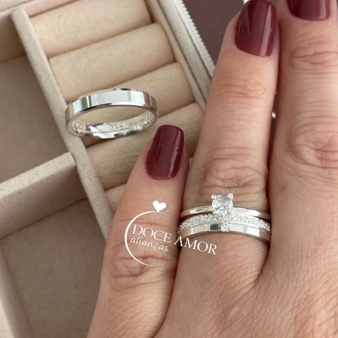 Alianças em Prata 950 - Lume - 4mm - com pedras - Solitário Tradicional 