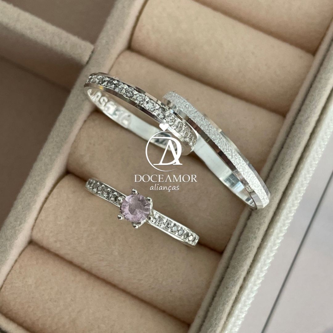  Alianças em Prata 950 - Lume - 2mm com pedras - Solitário Elegance