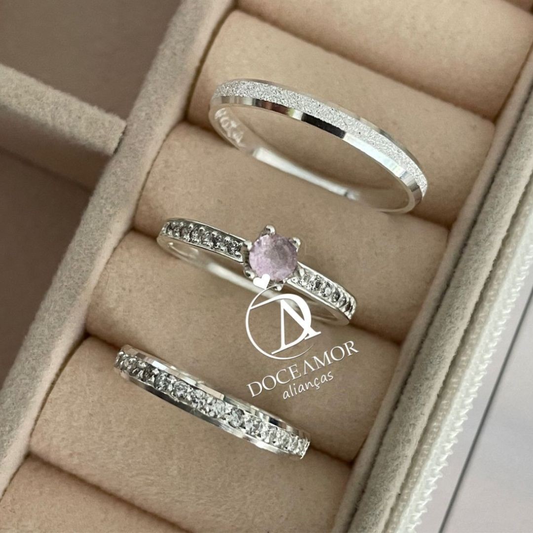  Alianças em Prata 950 - Lume - 2mm com pedras - Solitário Elegance