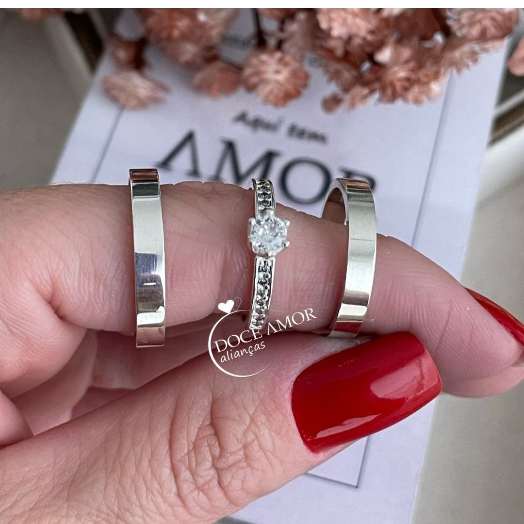 Alianças em Prata 950 - Selene - 3mm  - Solitário Ellegance