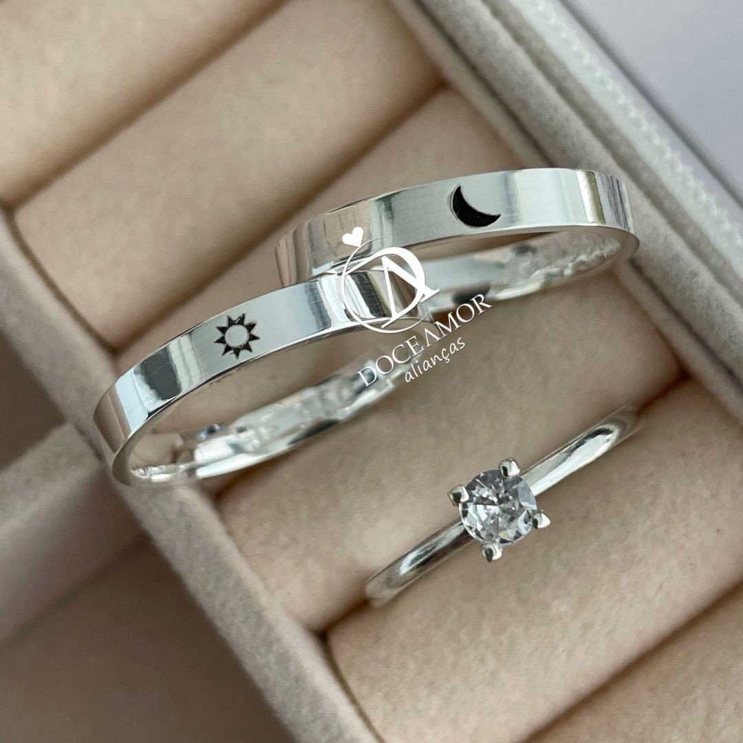 Alianças em Prata 950 - 3mm -  Sol e Lua - Solitário Tradicional
